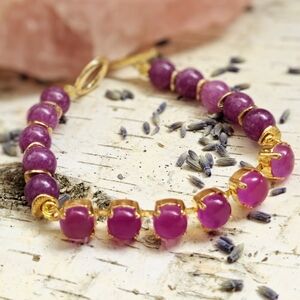 Natural Lavender Jade Stones In Gold Plated Tennis Bracelet